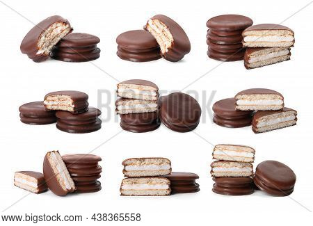 Set With Tasty Choco Pies On White Background