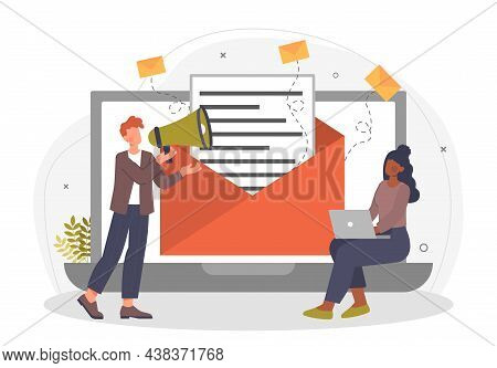 Email Campaign Concept. Man And Girl Forming Mailing List. News, Information, Send Message. Workflow