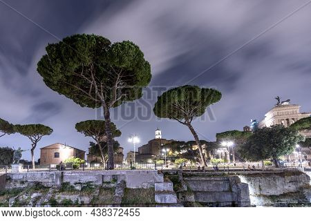 Night View Of The Roman Forum With Archaeolocial Site In Rome, Italy