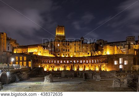 Night View Of The Forum Of Alexander With Archaeolocial Site In Rome, Italy