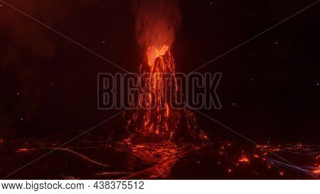 3d Render. A Large Volcano Eruption Hot Lava And Gases Into The Atmosphere. Lava Field, Fiery Magma 
