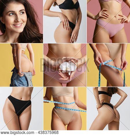 Collage Made Of Cropped Images Of Sportive Bodies, Bellies And Bottocks Of Young Woman Isolated On C