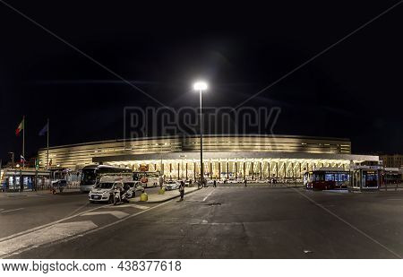 Rome, Italy - August 5, 2021: Train Station Termini Rome At Night With Parking Lot For Busses.