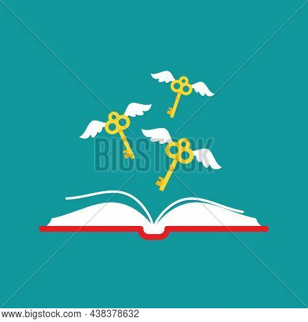 Open Book With Golden Flying Vintage Keys With Wings On Blue Background. Reading, Study Vector Illus
