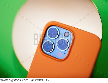 Paris, France - Oct 21, 2021: Hero Object Macro Shot Three Cameras And Lidar Sensor On Apple Compute