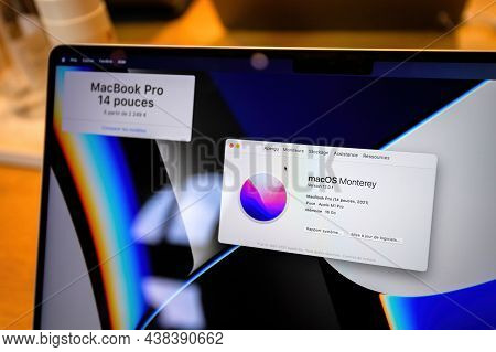 Paris France - Sep 24, 2021: Close Up Of New Apple Computers Macbook Pro 14 Inch Laptop Featuring An