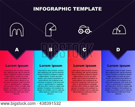 Set Line Medieval Iron Helmet, , Wooden Four-wheel Cart And Bale Of Hay And Rake. Business Infograph