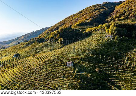 Valdobbiadene, Hills And Vineyards Along The Prosecco White Sparkling Wine Road. Veneto, Italy. High