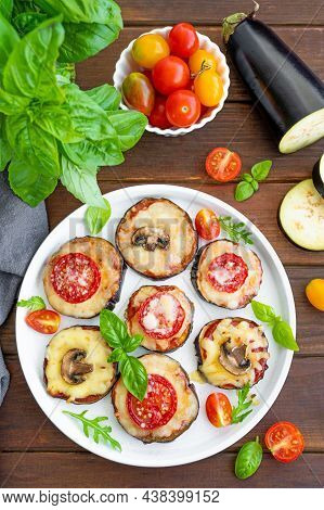 Eggplant Pizza With Tomatoes Sauce, Mozzarella, Mushrooms And Fresh Basil. Vegetarian Dish. Selectiv