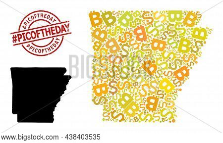 Rubber Tag Picoftheday Stamp Seal, And Currency Collage Map Of Arkansas State. Red Round Stamp Seal 