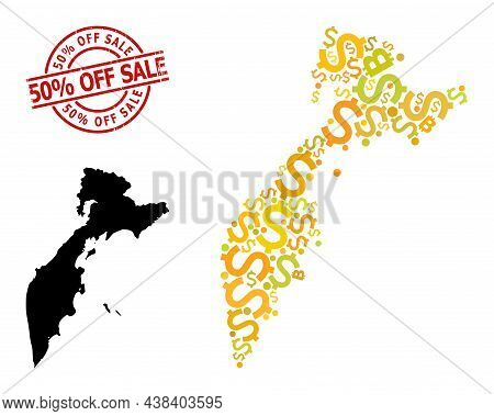 Distress 50 Percent Off Sale Stamp, And Money Mosaic Map Of Kamchatka Peninsula. Red Round Stamp Sea