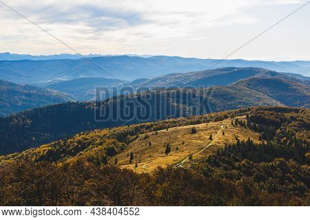 Autumn Mountain Is Covered With Tall Yellow Grass And Trees