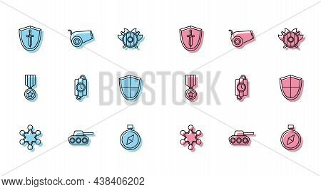 Set Line Police Badge, Military Tank, Medieval Shield With Sword, Compass, Dynamite Stick And Timer 