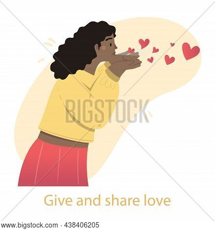 Give And Share Love Concept. Young Woman Blows Kiss In Form Of Small Hearts. Kind Character Provides