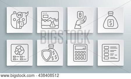 Set Line Pie Chart Infographic, Failure Stocks Market, Shield And Money Bag, Calculator, Business Fi