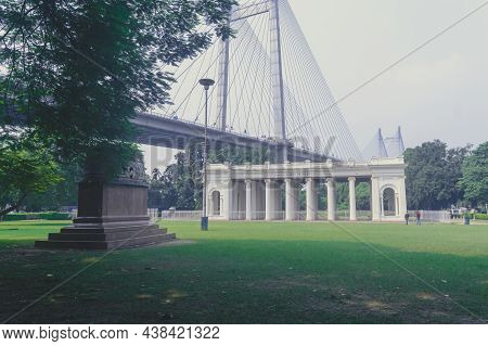 Prinsep Ghat Architecture Landscape Against Howrah Bridge In Background And Park On Foreground, Famo