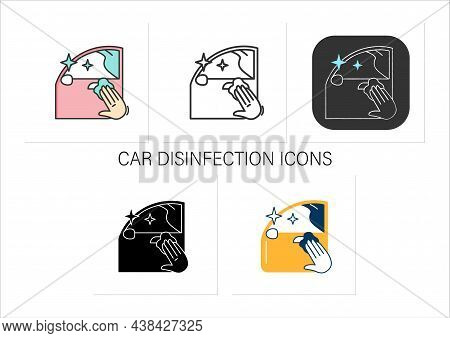 Car Disinfection Icons Set.taxi Door, Interior Cleaning With Antibacterial Wipe.tansport, Taxi Servi