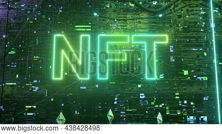 Blockchain Digital Data Transmission Room. Nft Non Fungible Token. 3d Illustration