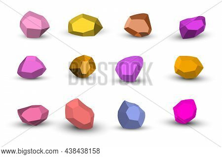 Cartoon Stones. Rock Stone Isometric Set. Colorful Boulders, Natural Building Block Shapes, Wall Sto
