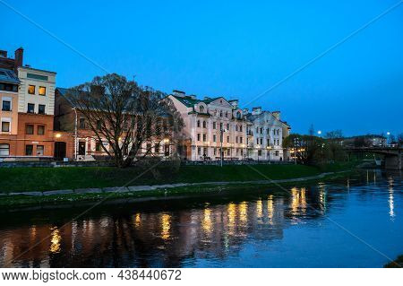 Beautiful Houses In Classic Old Style. Beautiful Evening Light.. Pskov, Sovetskaya Naberezhnaya