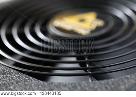 Close-up Of Black Cooling Blower Fan. Macro Shot Of Round Shaped Bars. Heating Ventilation And Air C