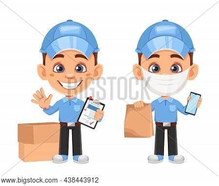 Courier Cartoon Character, Set Of Two Poses. Funny Delivery Man. Stock Vector Illustration On White 