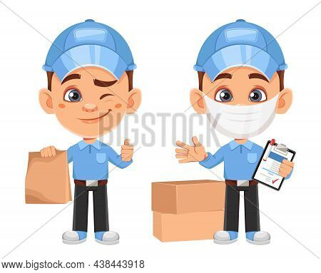 Courier Cartoon Character, Set Of Two Poses. Funny Delivery Man With Paper Bag And With Clipboard. S
