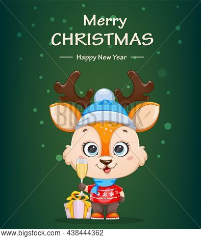 Merry Christmas And Happy New Year Greeting Card. Cute Baby Deer Holding A Glass Of Champagne. Cheer