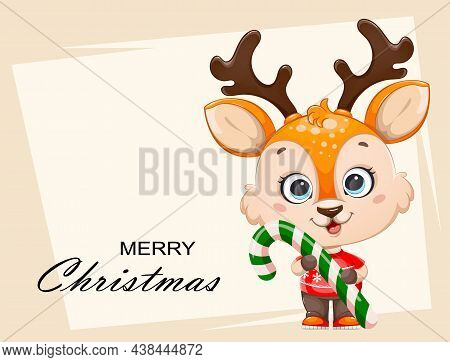 Merry Christmas Greeting Card. Cute Baby Deer Holding Big Candy Cane. Cheerful Little Reindeer Carto