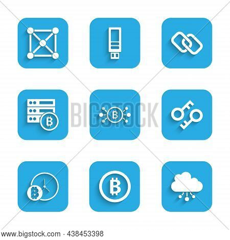 Set Bitcoin In Circuit, Cryptocurrency Cloud Mining, Key, With Clock, Server Bitcoin, Chain Link And