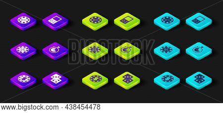 Set Casino Chip With Dollar, Game Dice, Roulette Wheel, Stopwatch, Tetris And Twister Game Icon. Vec