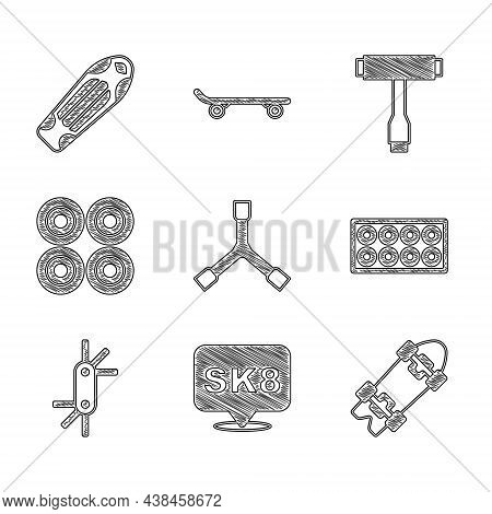 Set Skateboard Y-tool, Longboard Or Skateboard, Wheel, Tool Allen Keys, And Deck Icon. Vector