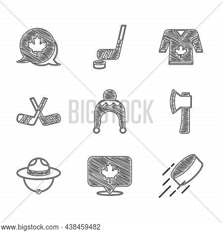 Set Winter Hat, Canadian Maple Leaf, Hockey Puck, Wooden Axe, Ranger, Ice Hockey Sticks, Jersey And 