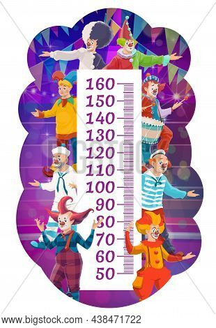 Kids Height Chart Cartoon Shapito Circus Clowns And Performers. Vector Growth Measure Meter Ruler. K