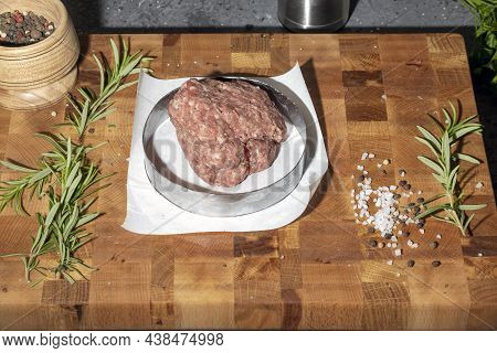 Raw Meat Ground Beef Cutlets Steak For Burger On Dark Background