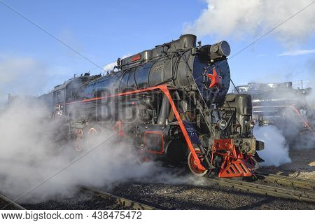 Sortavala, Russia - October 07, 2021: Old Soviet Mainline Freight Steam Locomotive L-4429 Close-up O