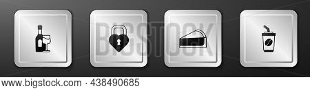 Set Wine Bottle With Glass, Castle The Shape Of Heart, Cherry Cheesecake Slice And Coffee Cup To Go 