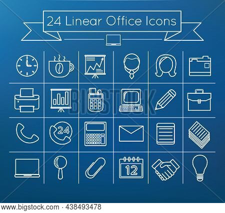 24 Linear Office Vector Icon Set On Blue Background