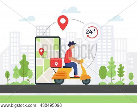 Freight Forwarding Services Illustration. Express Courier Supply, Delivery Man Riding A Scooter. Vec