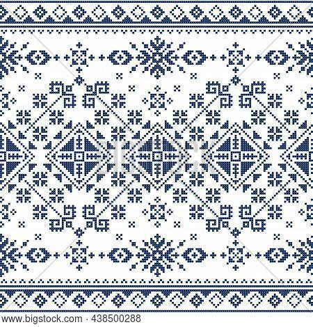 Zmijanski Vez Cross-stitch Style Vector Folk Art Seamless Pattern - Traditional Textile Or Fabric Pr