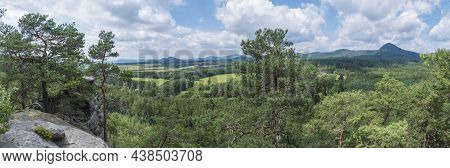 Panoramic View From Sandstone Rock Viewpoint Havrani Skaly, Spring Landscape In Lusatian Mountains W