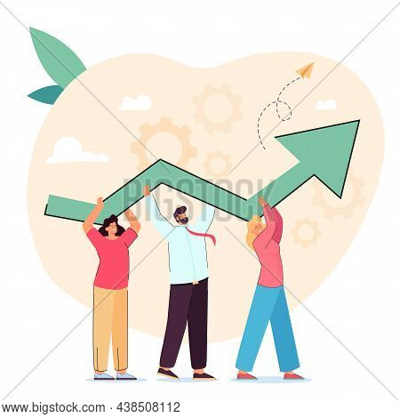 Team Of Tiny Business People Holding Growing Arrow Together. Teamwork Of Professional Employees On C