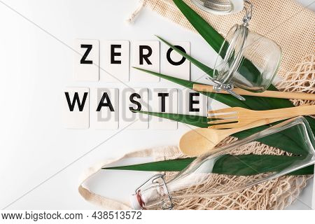 Zero Waste, Plastic-free And Eco-friendly Lifestyle. Cotton Mesh Bag, Glass Bottle, Jar And Bamboo C
