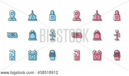 Set Line Please Do Not Disturb With Heart, Calendar, Map Pointer, Flowers Basket, Wedding Arch, Sign