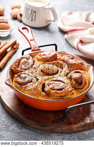 Cinnabon Cinnamon Rolls Buns With Pumpkin, Nut, Caramel And Sugar Cream Iced. Top View. Sweet Homema