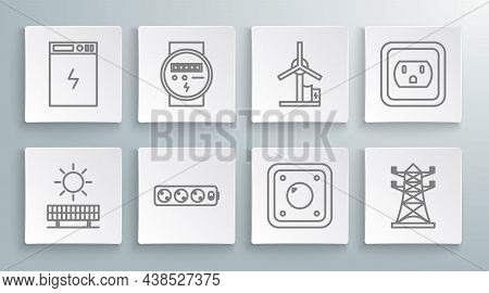 Set Line Solar Energy Panel And Sun, Electric Meter, Extension Cord, Light Switch, High Voltage Powe