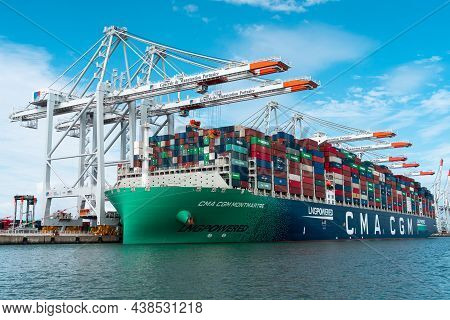 Le Havre, France - July 29, 2021: Montmartre Lingpowered Ultra Large And Modern Containership Of The