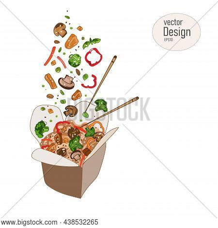 Chinese Noodles With Vegetables In The Box Are Drawn In A Cartoon Doodle Style.chicken, Mushrooms Ve