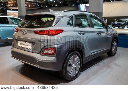 Hyundai Kona Electric Car Model Shown At The Autosalon 2020 Motor Show. Brussels, Belgium - January 