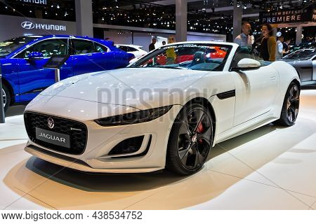Jaguar F-type Convertible Sports Car Showncased At The Autosalon 2020 Motor Show. Brussels, Belgium 